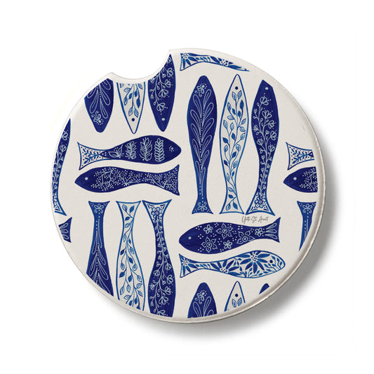 Blue Fish Single Absorbent Stone Car Coaster 2.6” Diameter Manufactured in the USA