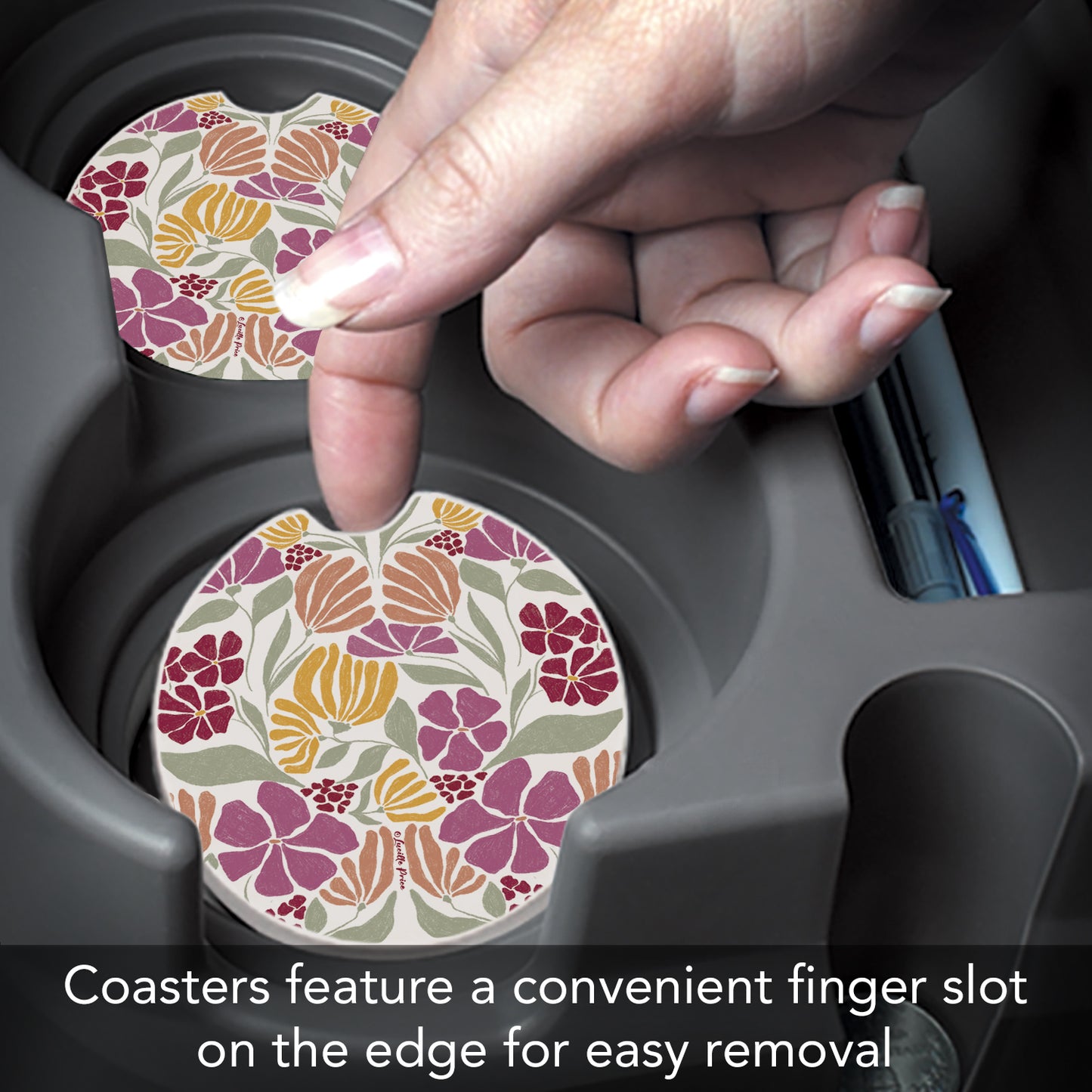 Thirstystone Floral Melody Single Absorbent Stone Coaster for Vehicle Cup Holder 2.6” Diameter Manufactured in The USA