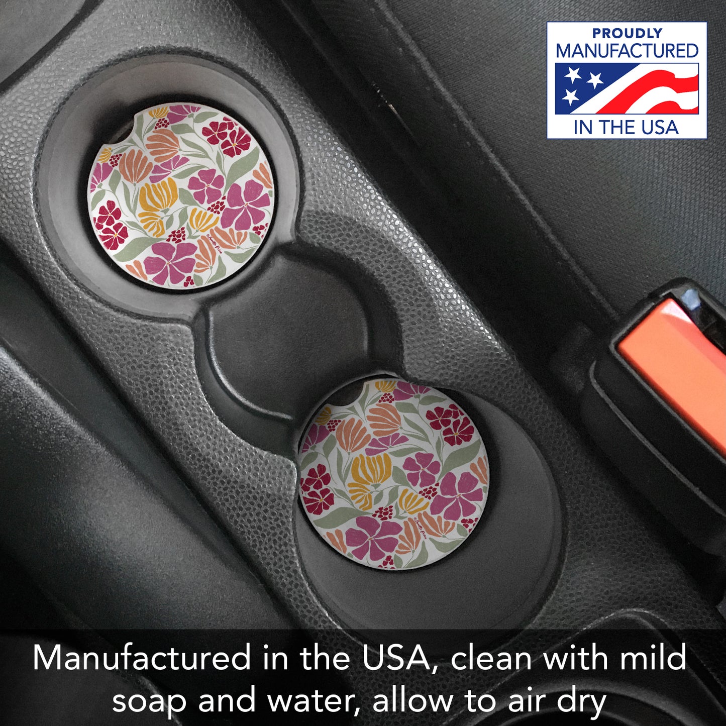 Thirstystone Floral Melody Single Absorbent Stone Coaster for Vehicle Cup Holder 2.6” Diameter Manufactured in The USA