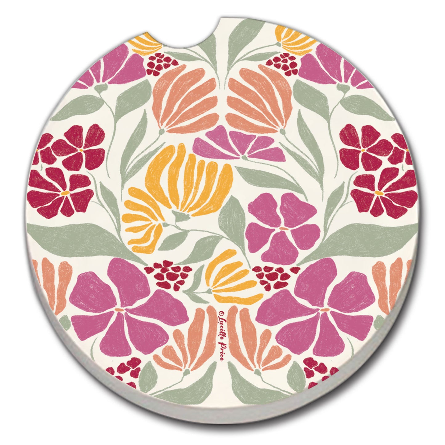 Thirstystone Floral Melody Single Absorbent Stone Coaster for Vehicle Cup Holder 2.6” Diameter Manufactured in The USA