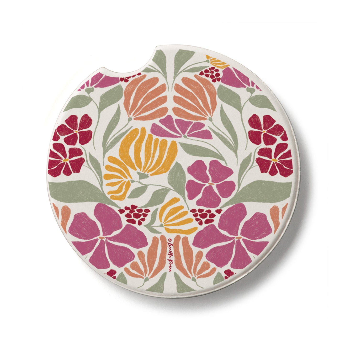 Floral Melody Single Absorbent Stone Car Coaster 2.6” Diameter Manufactured in the USA