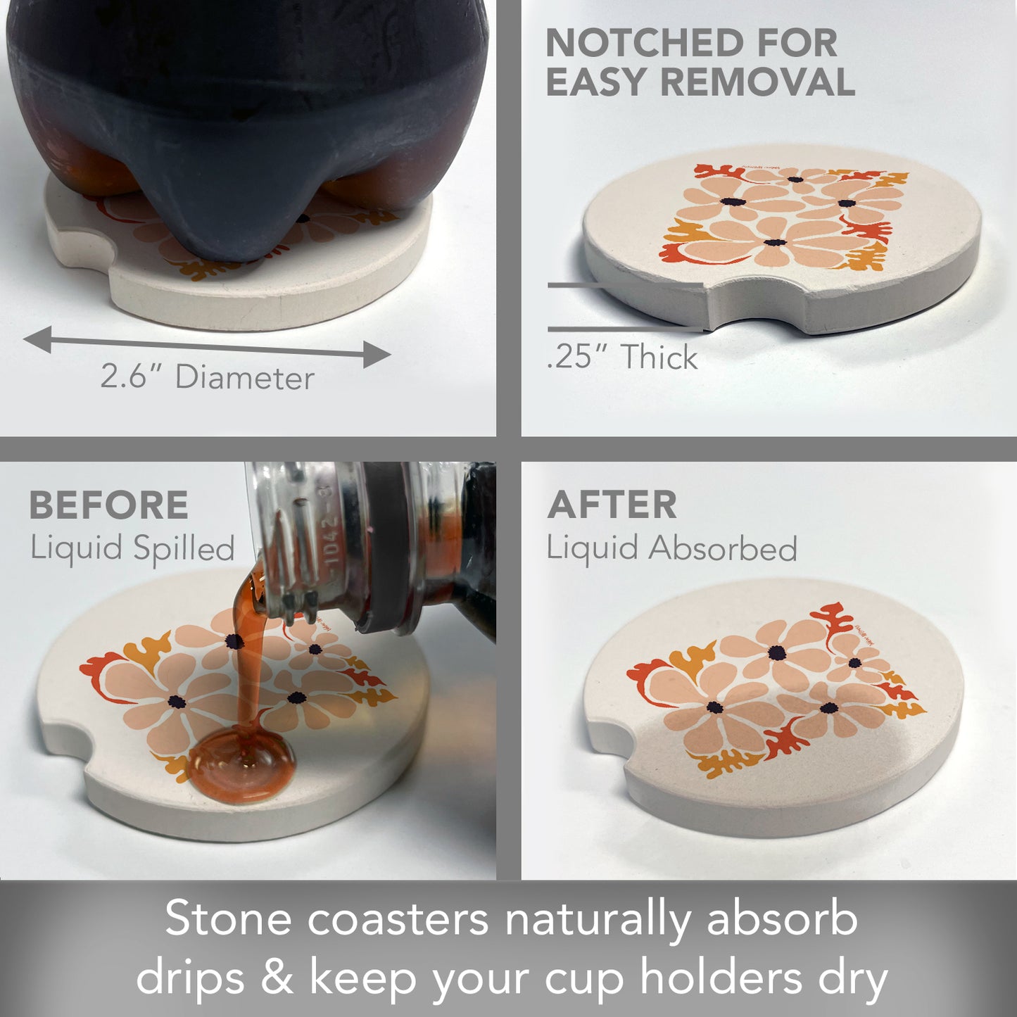 Thirstystone Peach Floral Single Absorbent Stone Coaster for Vehicle Cup Holder 2.6” Diameter Manufactured in The USA