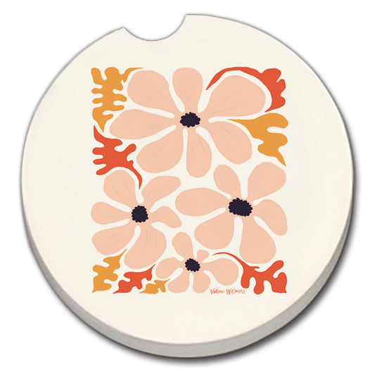 Thirstystone Peach Floral Single Absorbent Stone Coaster for Vehicle Cup Holder 2.6” Diameter Manufactured in The USA