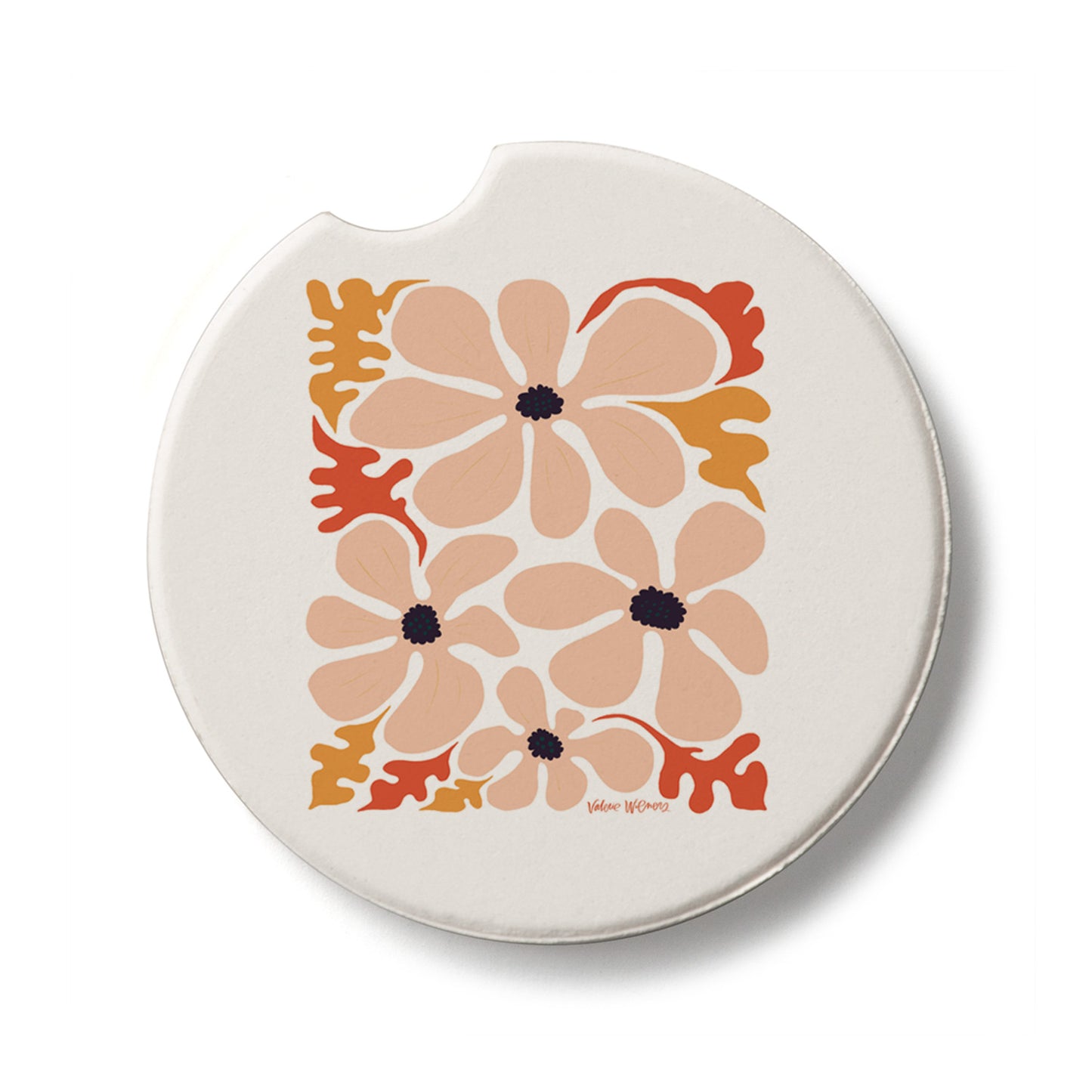Peach Floral Single Absorbent Stone Coaster for Vehicle Cup Holder 2.6” Diameter Manufactured in The USA