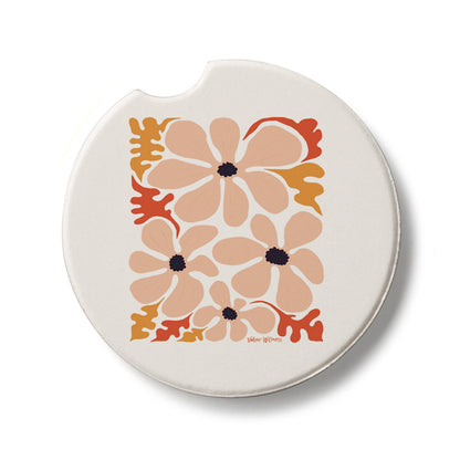 Peach Floral Single Absorbent Stone Coaster for Vehicle Cup Holder 2.6” Diameter Manufactured in The USA