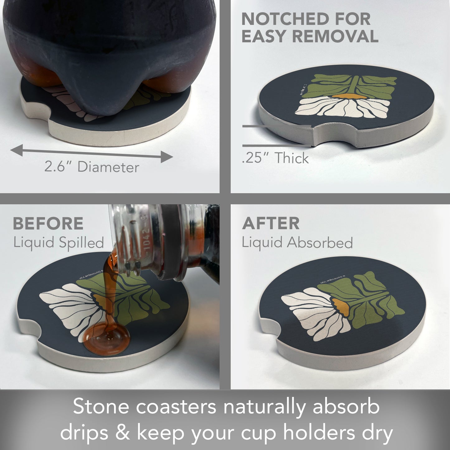 Thirstystone Bohemian Floral Single Absorbent Stone Coaster for Vehicle Cup Holder 2.6” Diameter Manufactured in The USA