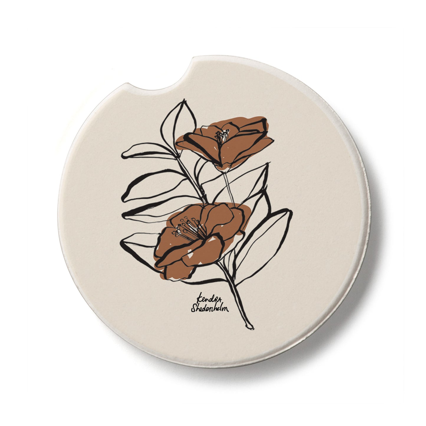 Mocha Flower Single Absorbent Stone Car Coaster 2.6” Diameter Manufactured in the USA