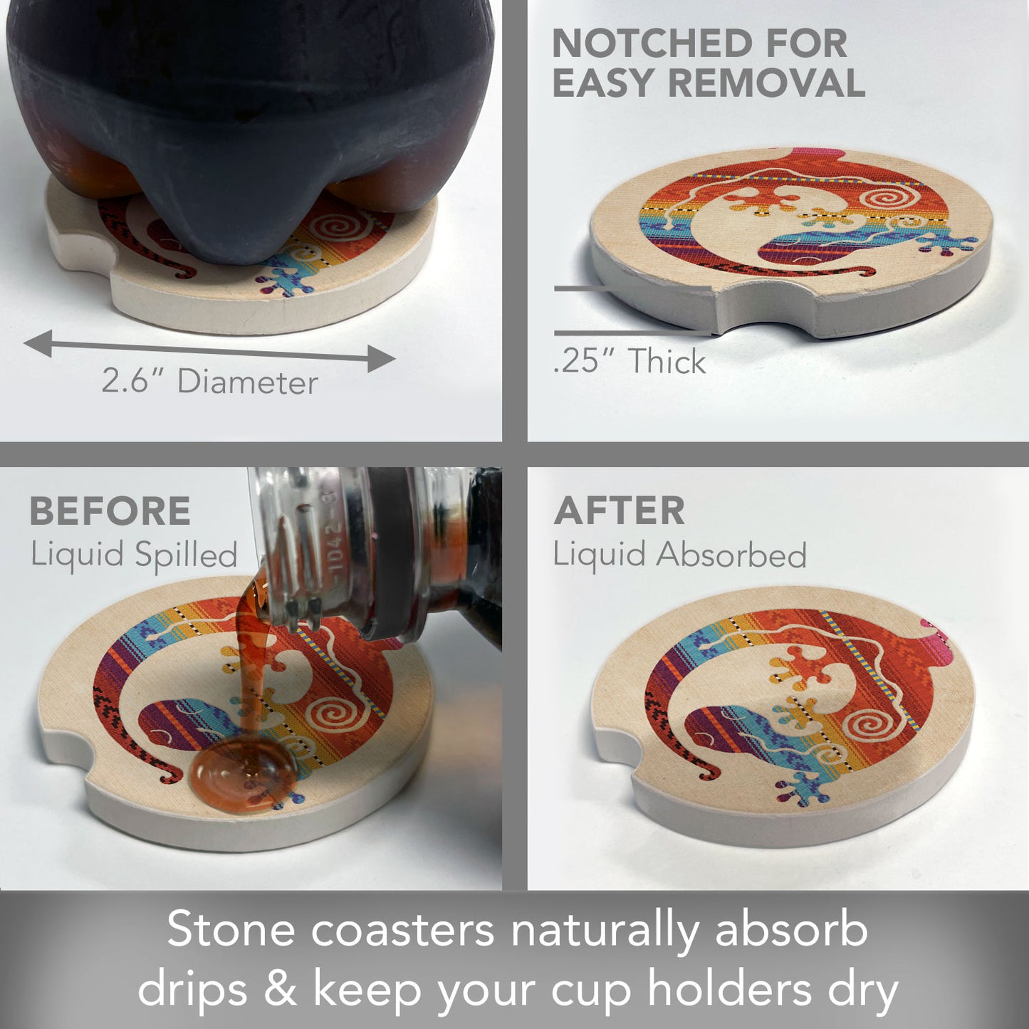 Southwest Gecko 2 Pack Absorbent Stone Car Coasters 2.6" Manufactured in the USA