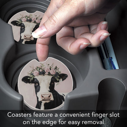 Charming Cow 2 Pack Absorbent Stone Car Coasters 2.6" Manufactured in the USA