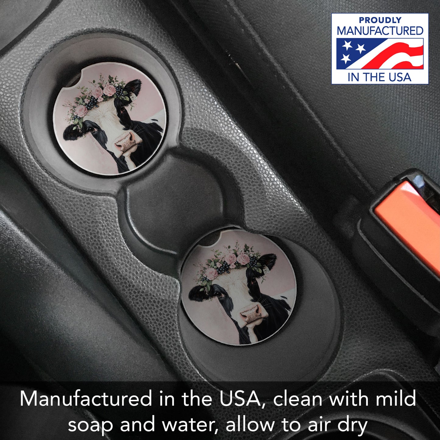 Charming Cow Single Absorbent Stone Car Coaster 2.6" Manufactured in the USA