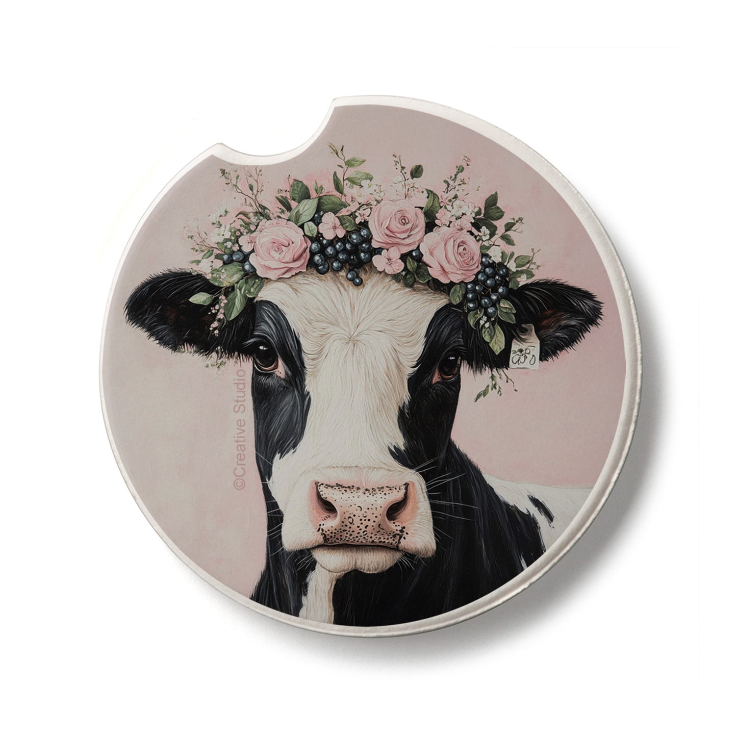 Charming Cow Single Absorbent Stone Car Coaster 2.6" Manufactured in the USA