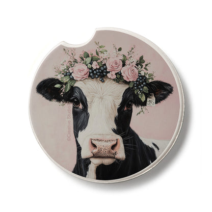 Charming Cow Single Absorbent Stone Car Coaster 2.6" Manufactured in the USA
