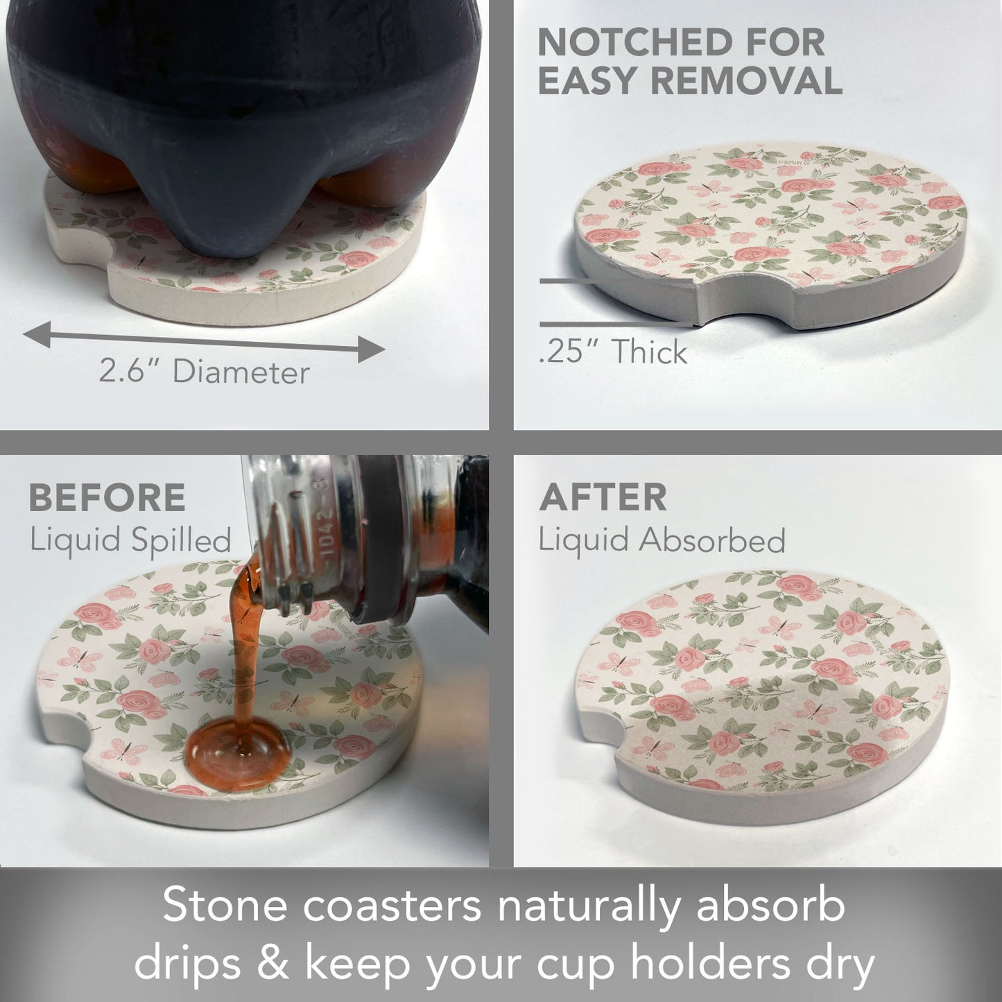 Pretty Coquette Single Absorbent Stone Car Coaster 2.6" Manufactured in the USA