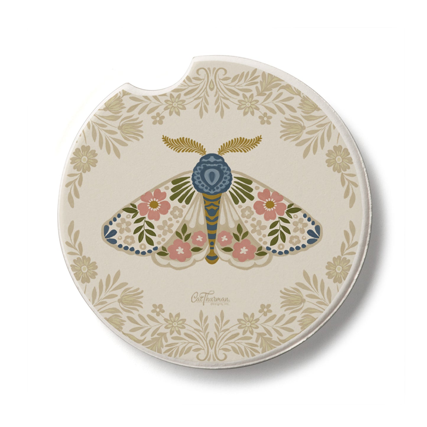 Folkloric Moth Single Absorbent Stone Car Coaster 2.6" Manufactured in the USA