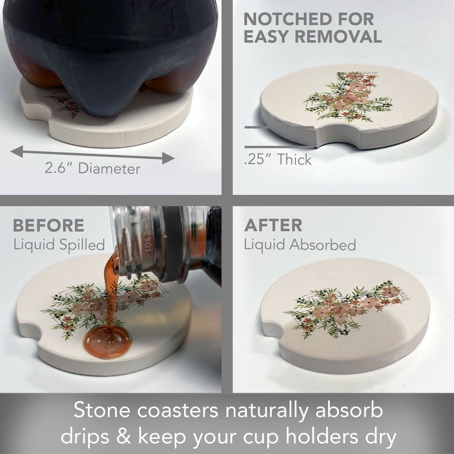 Floral Faith 2 Pack Absorbent Stone Car Coasters 2.6" Manufactured in the USA