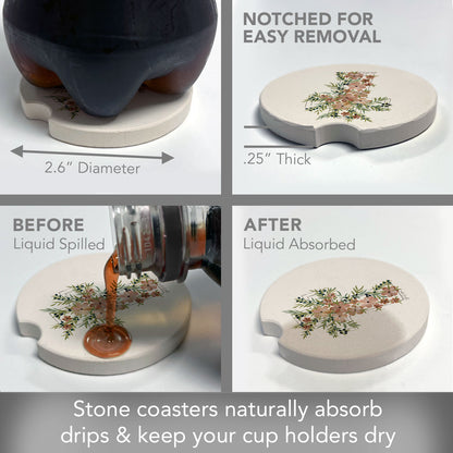Floral Faith 2 Pack Absorbent Stone Car Coasters 2.6" Manufactured in the USA