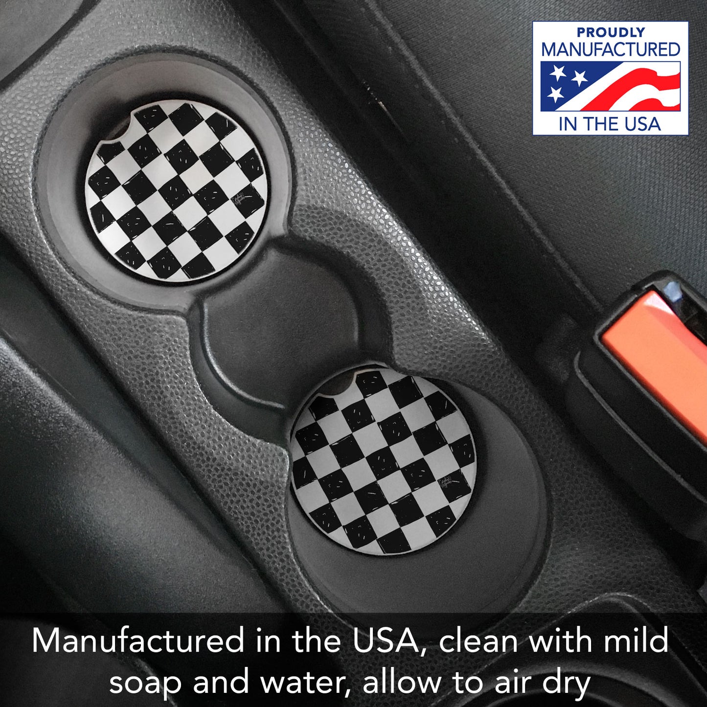 Checker 2 Pack Absorbent Stone Car Coasters 2.6" Manufactured in the USA