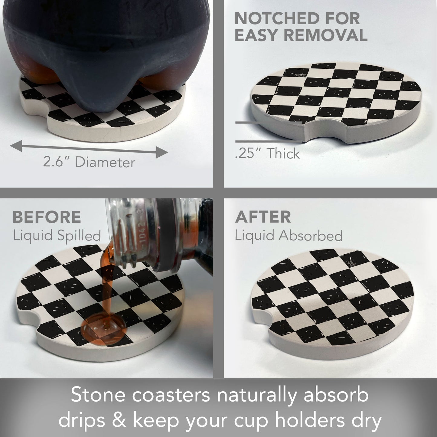 Checker 2 Pack Absorbent Stone Car Coasters 2.6" Manufactured in the USA