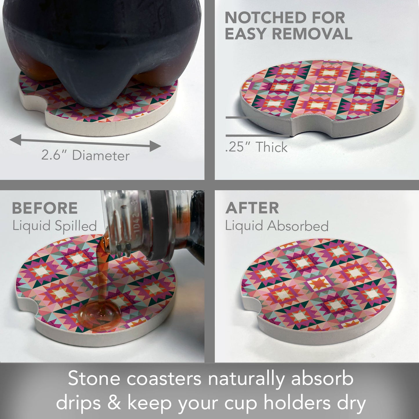 Vintage Patchwork Single Absorbent Stone Car Coaster 2.6" Manufactured in the USA