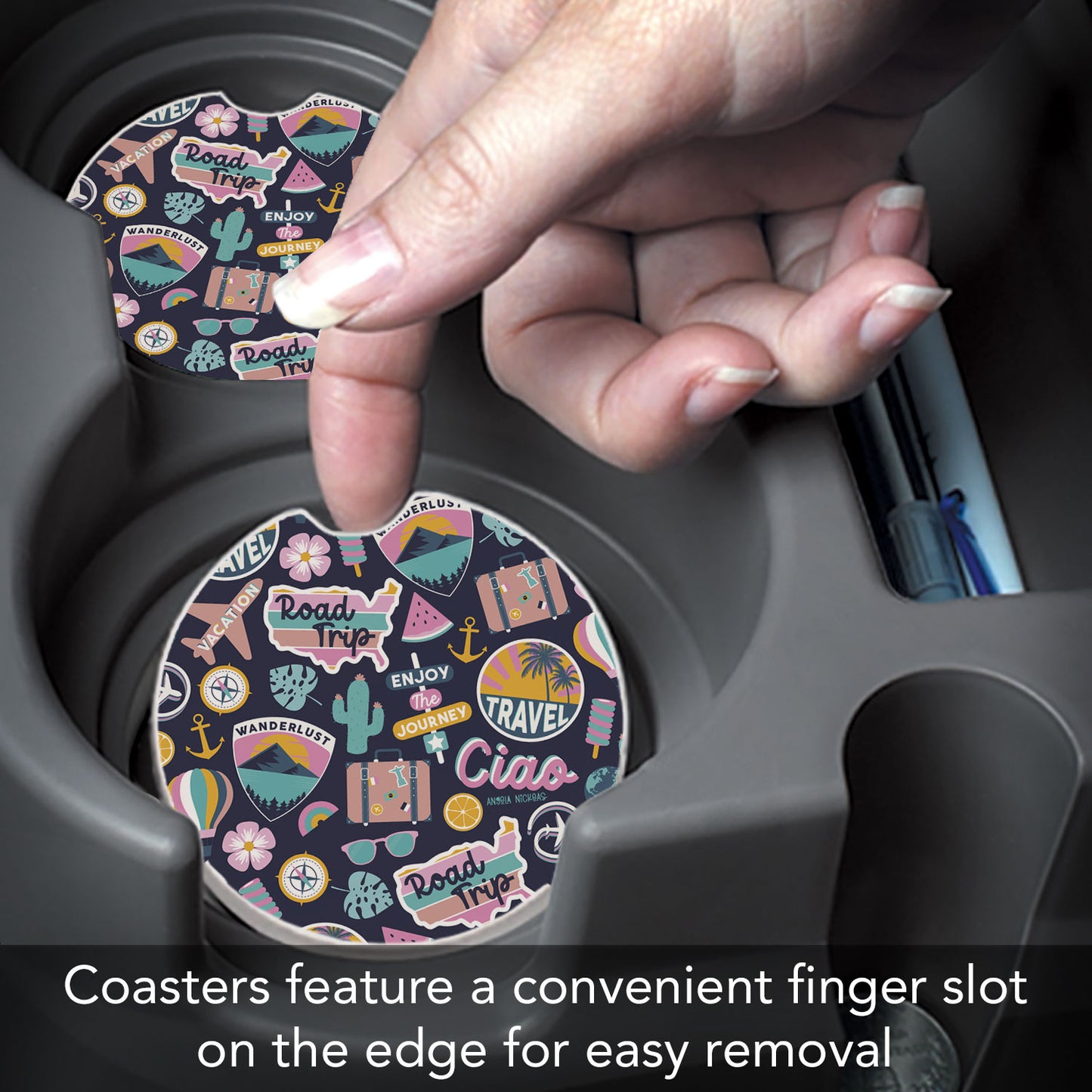 Around the World Single Absorbent Stone Car Coaster 2.6" Manufactured in the USA