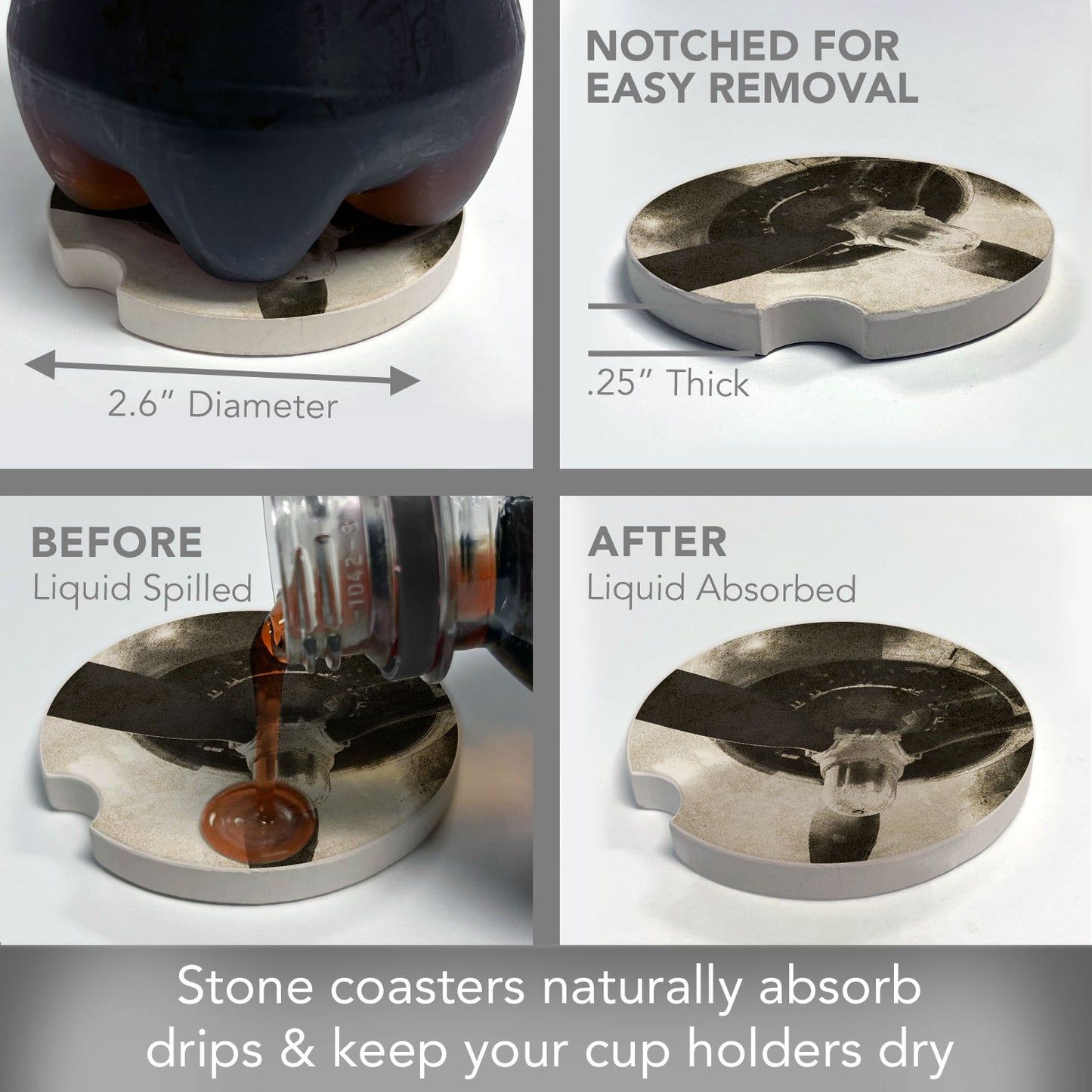 Propeller Single Absorbent Stone Car Coaster 2.6" Manufactured in the USA