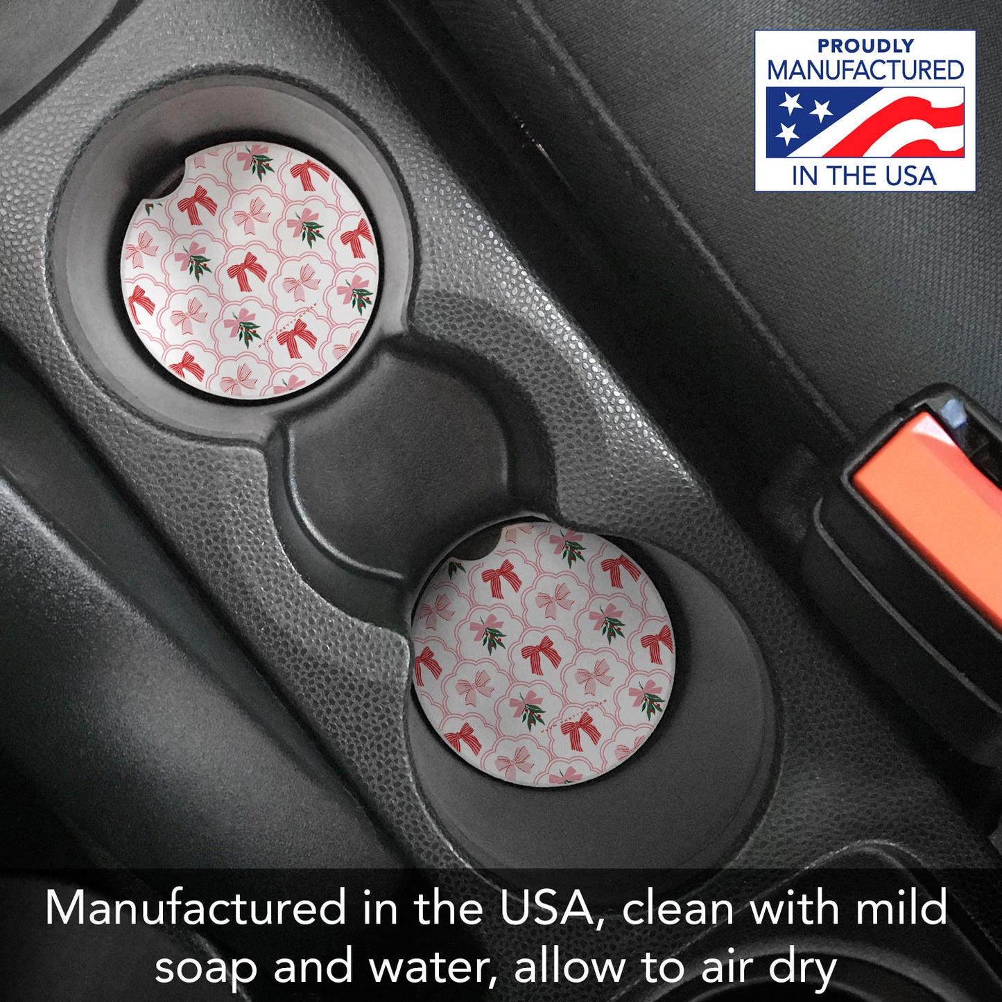 Coquette Holiday 2 Pack Absorbent Stone Car Coasters 2.6" Manufactured in the USA