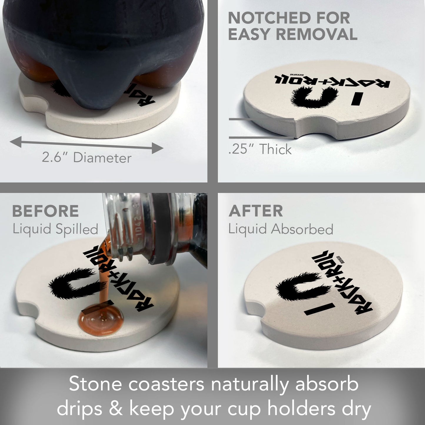 Rock & Roll 2 Pack Absorbent Stone Car Coasters 2.6" Manufactured in the USA