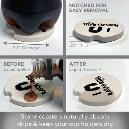 Rock & Roll 2 Pack Absorbent Stone Car Coasters 2.6" Manufactured in the USA