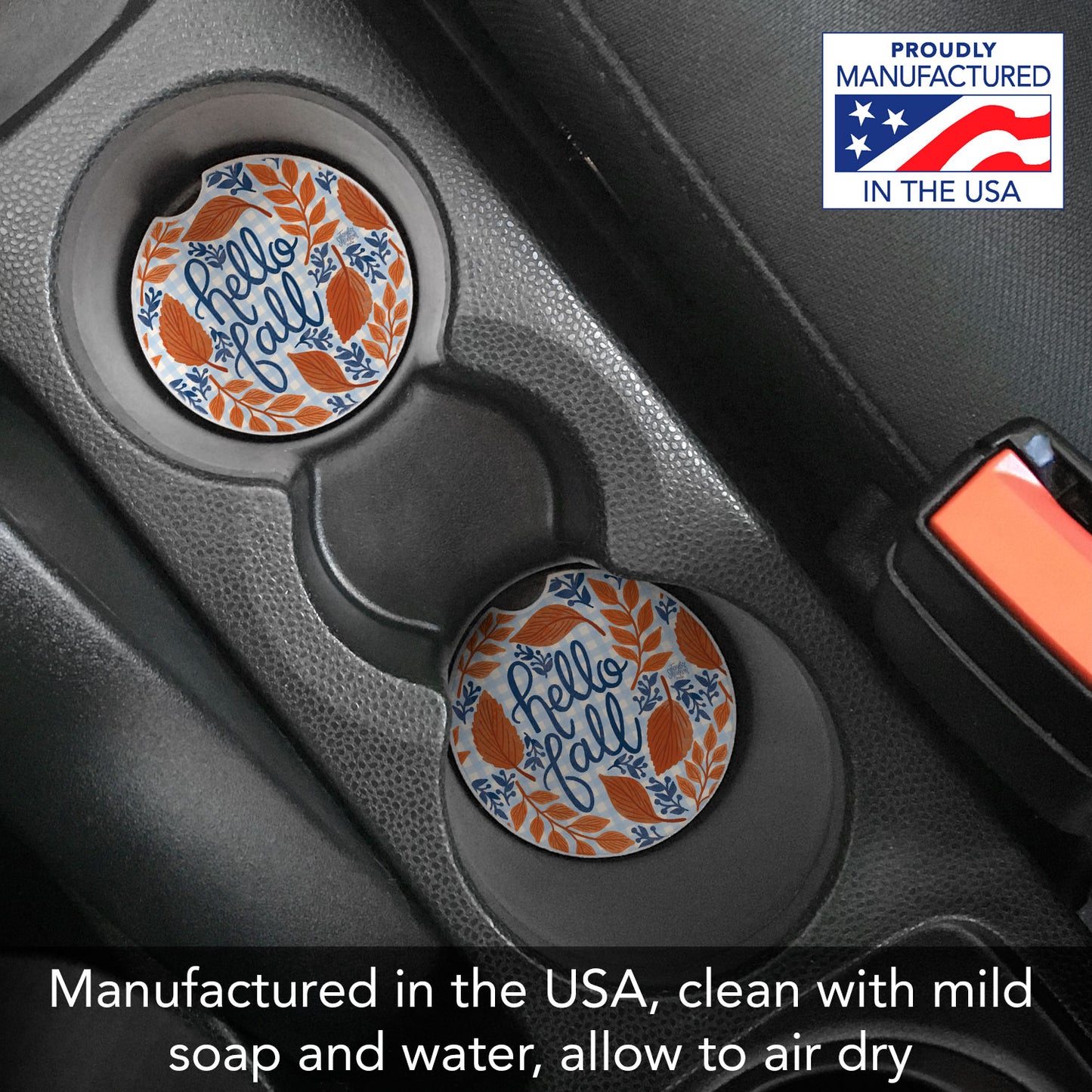 Hello Fall 2 Pack Absorbent Stone Car Coasters 2.6" Manufactured in the USA
