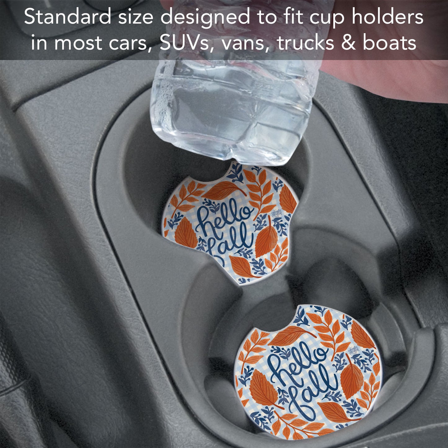 Hello Fall 2 Pack Absorbent Stone Car Coasters 2.6" Manufactured in the USA