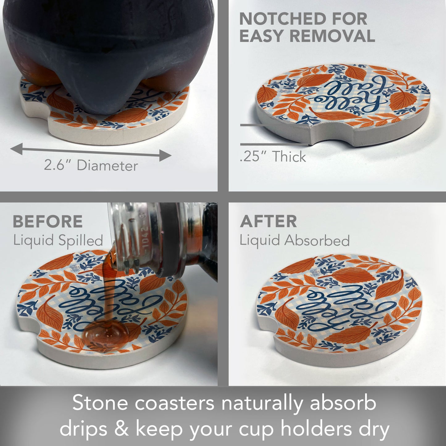 Hello Fall 2 Pack Absorbent Stone Car Coasters 2.6" Manufactured in the USA
