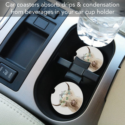 Highland Cow 2 Pack Absorbent Stone Car Coasters 2.6" Manufactured in the USA