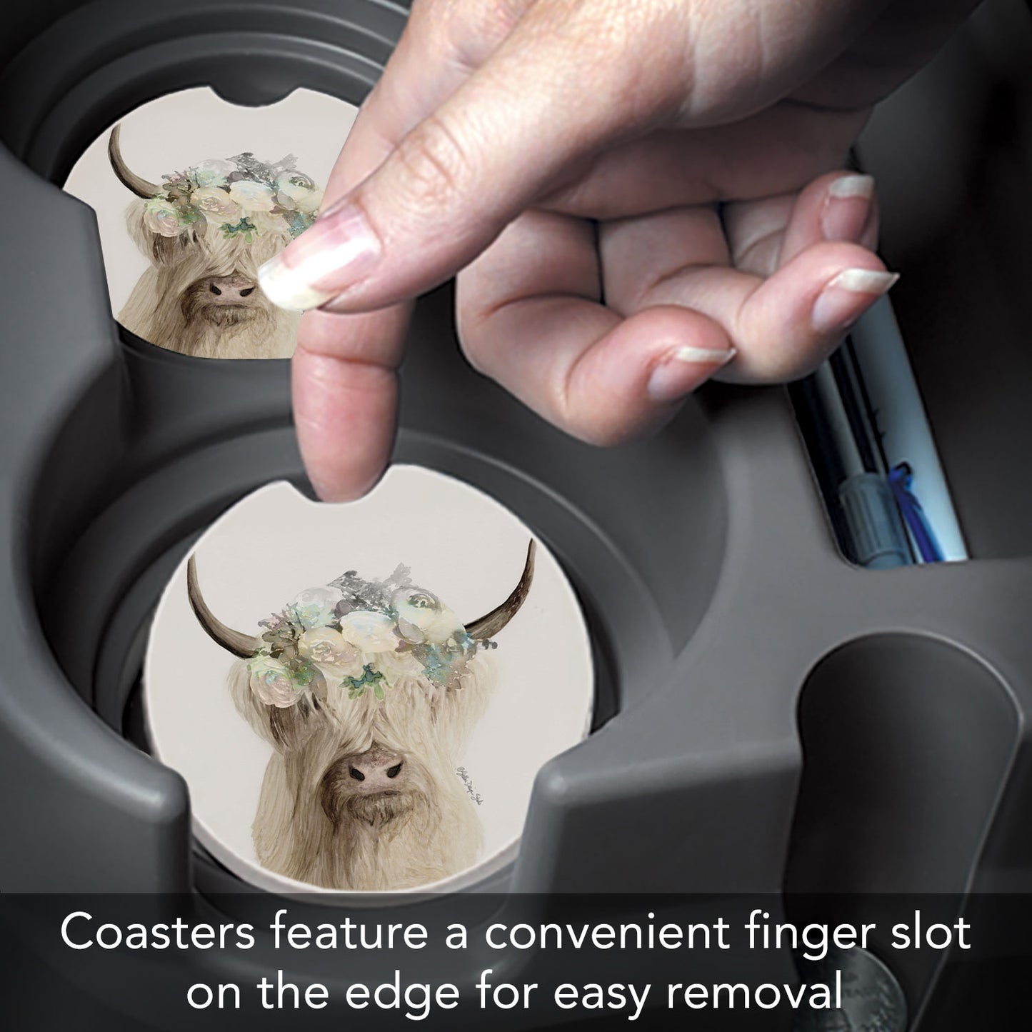 Highland Cow 2 Pack Absorbent Stone Car Coasters 2.6" Manufactured in the USA