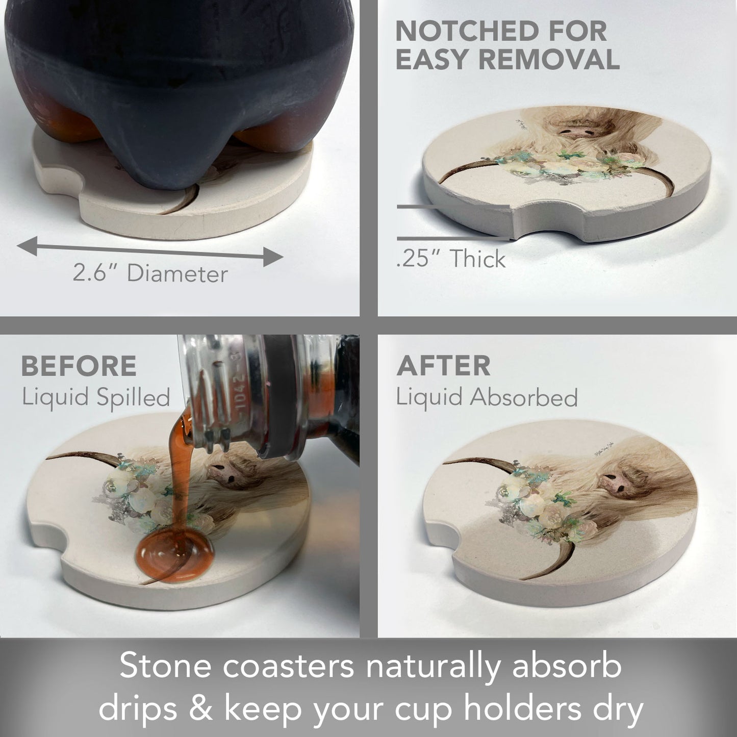 Highland Cow 2 Pack Absorbent Stone Car Coasters 2.6" Manufactured in the USA