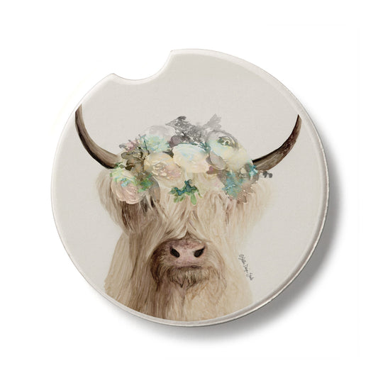 Highland Cow Single Absorbent Stone Car Coaster 2.6" Manufactured in the USA