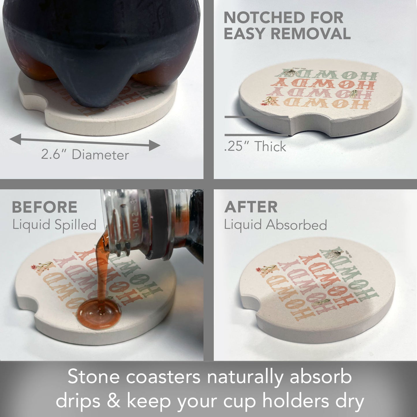 Howdy Cowgirl 2 Pack Absorbent Stone Car Coasters 2.6" Manufactured in the USA