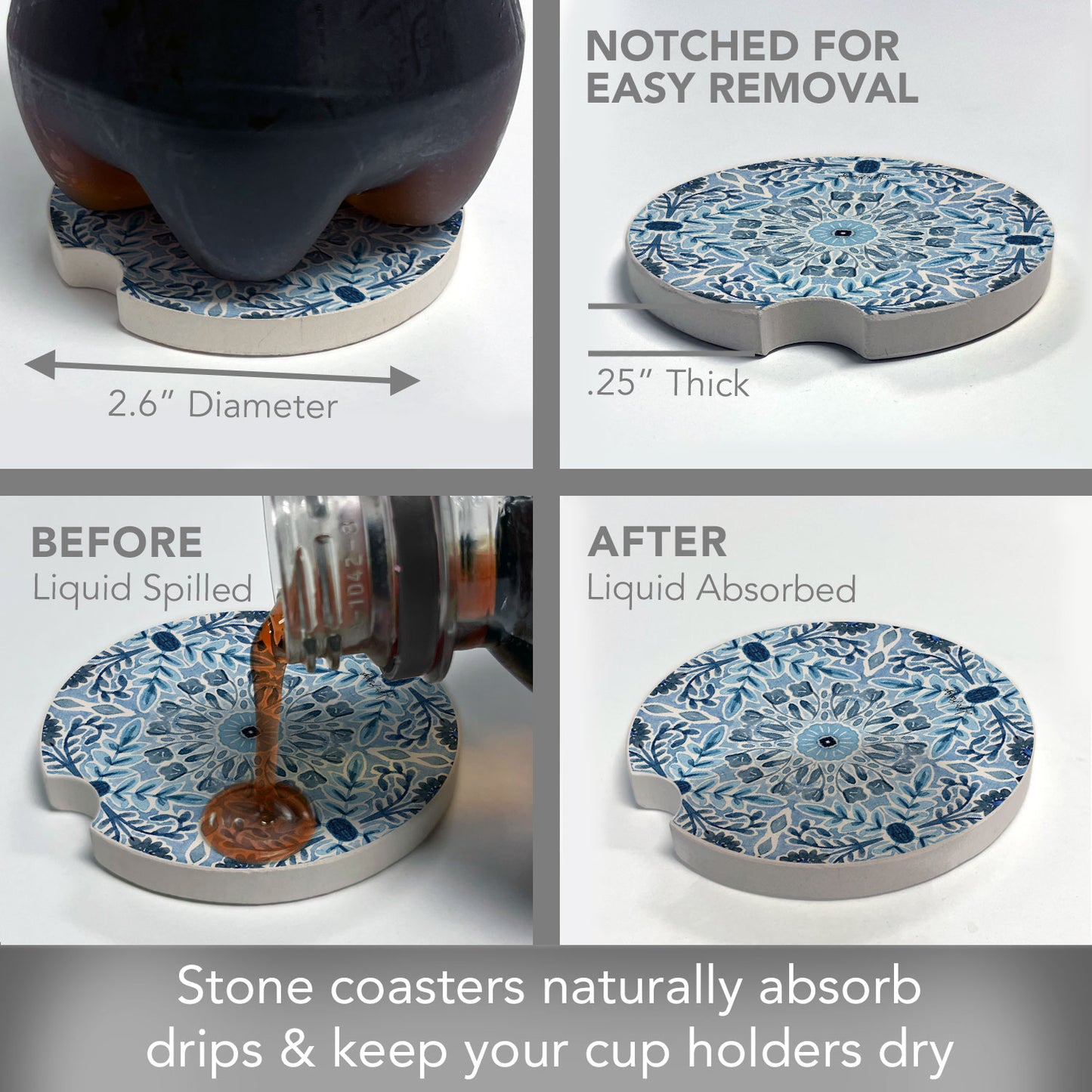 Farmhouse Tile Single Absorbent Stone Car Coaster 2.6" Manufactured in the USA