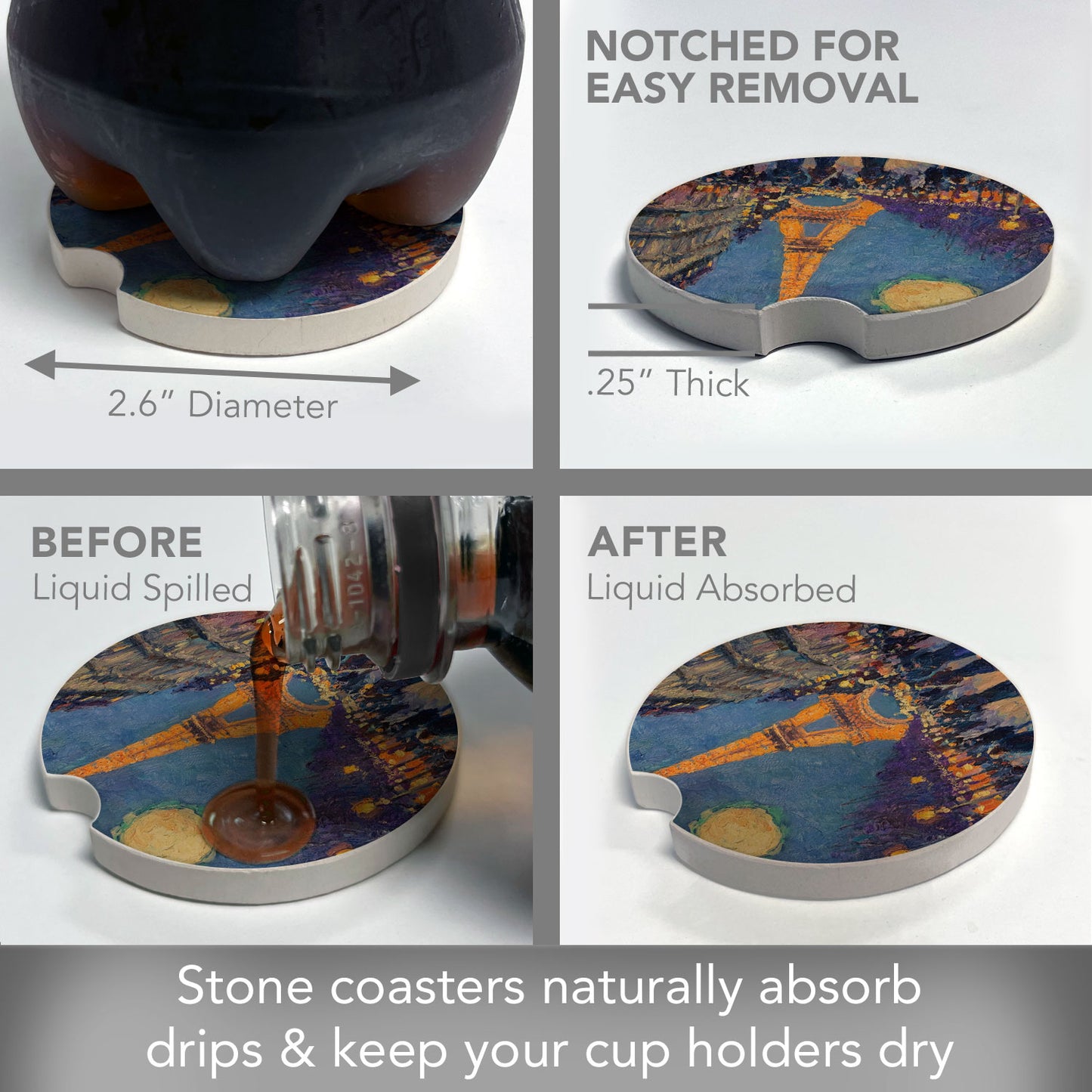 Paris Street Scene 2 Pack Absorbent Stone Car Coasters 2.6" Manufactured in the USA