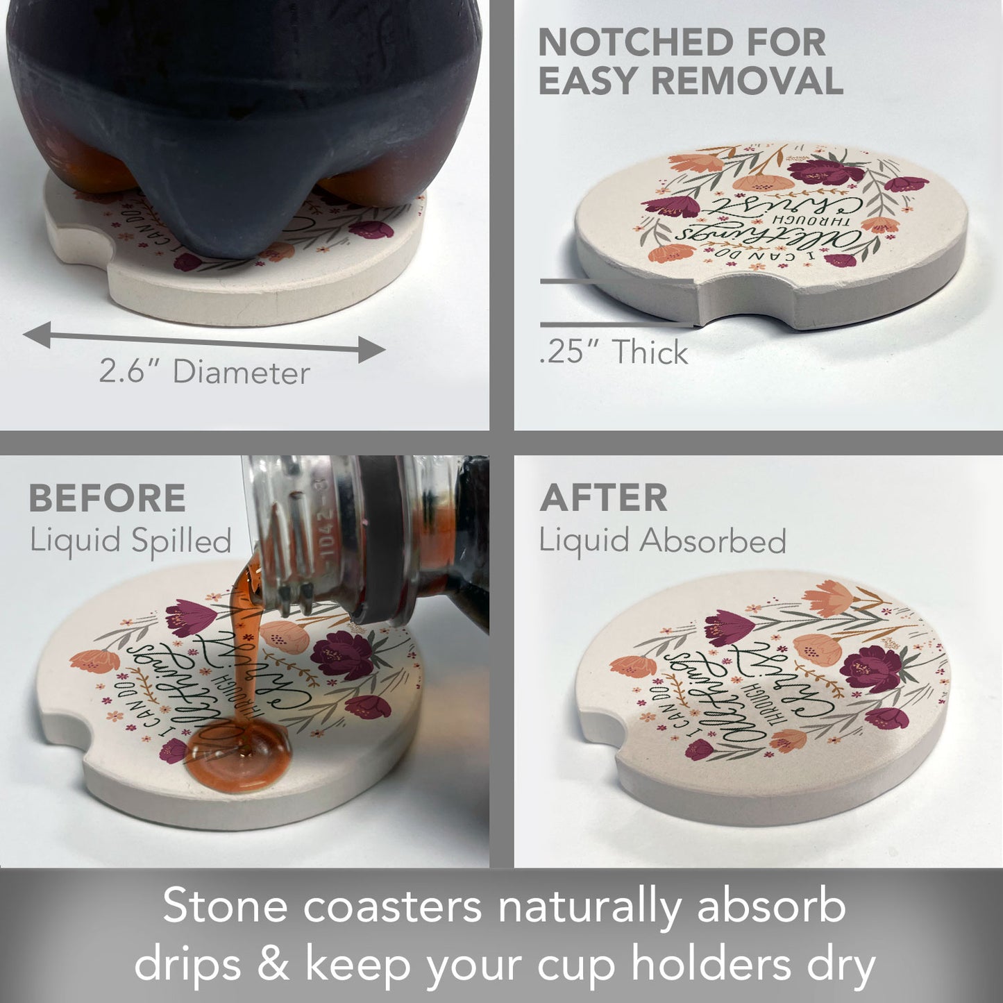 All Things 2 Pack Absorbent Stone Car Coasters 2.6" Manufactured in the USA