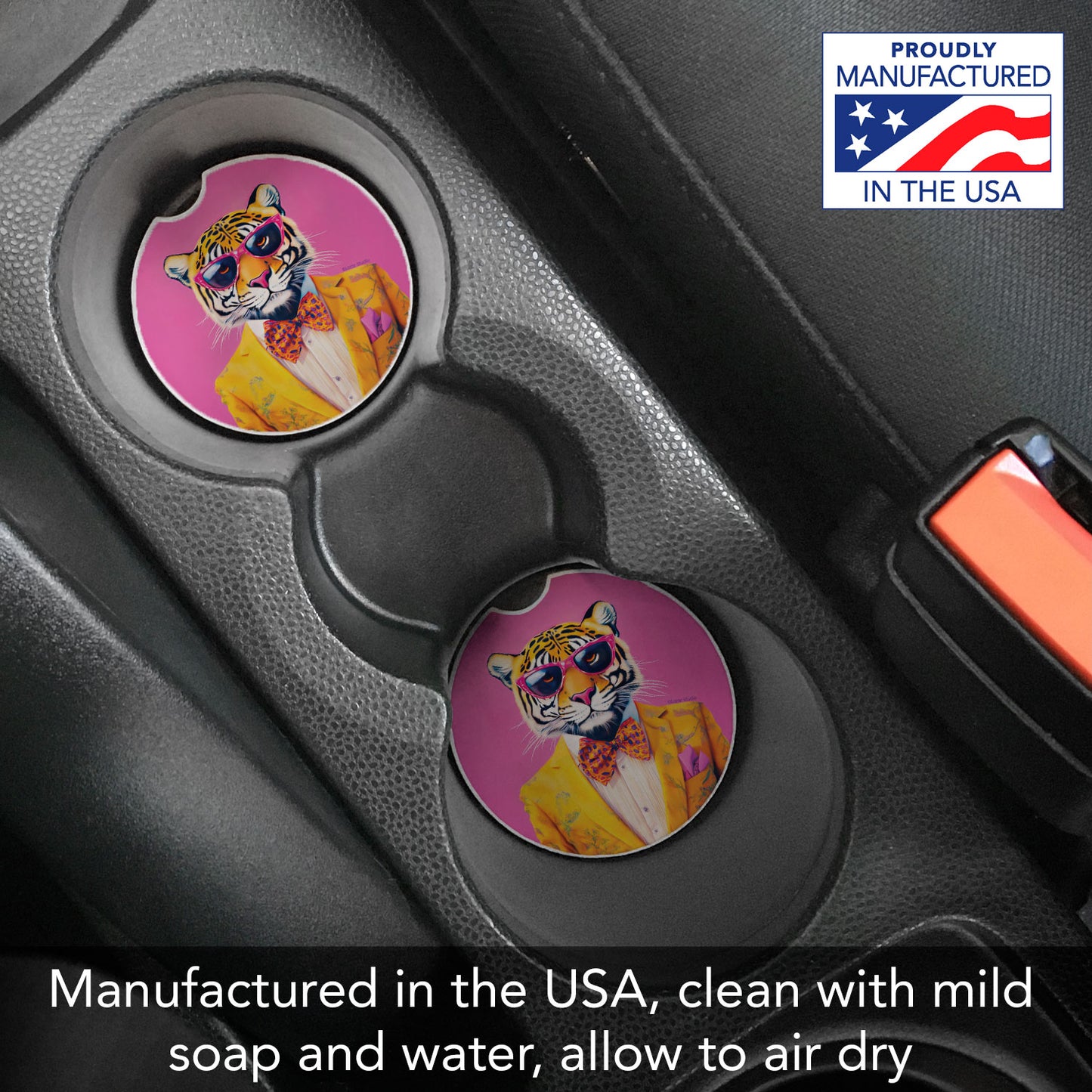 Joyful Jungle Cat 2 Pack Absorbent Stone Car Coasters 2.6" Manufactured in the USA
