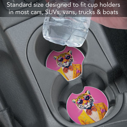 Joyful Jungle Cat 2 Pack Absorbent Stone Car Coasters 2.6" Manufactured in the USA