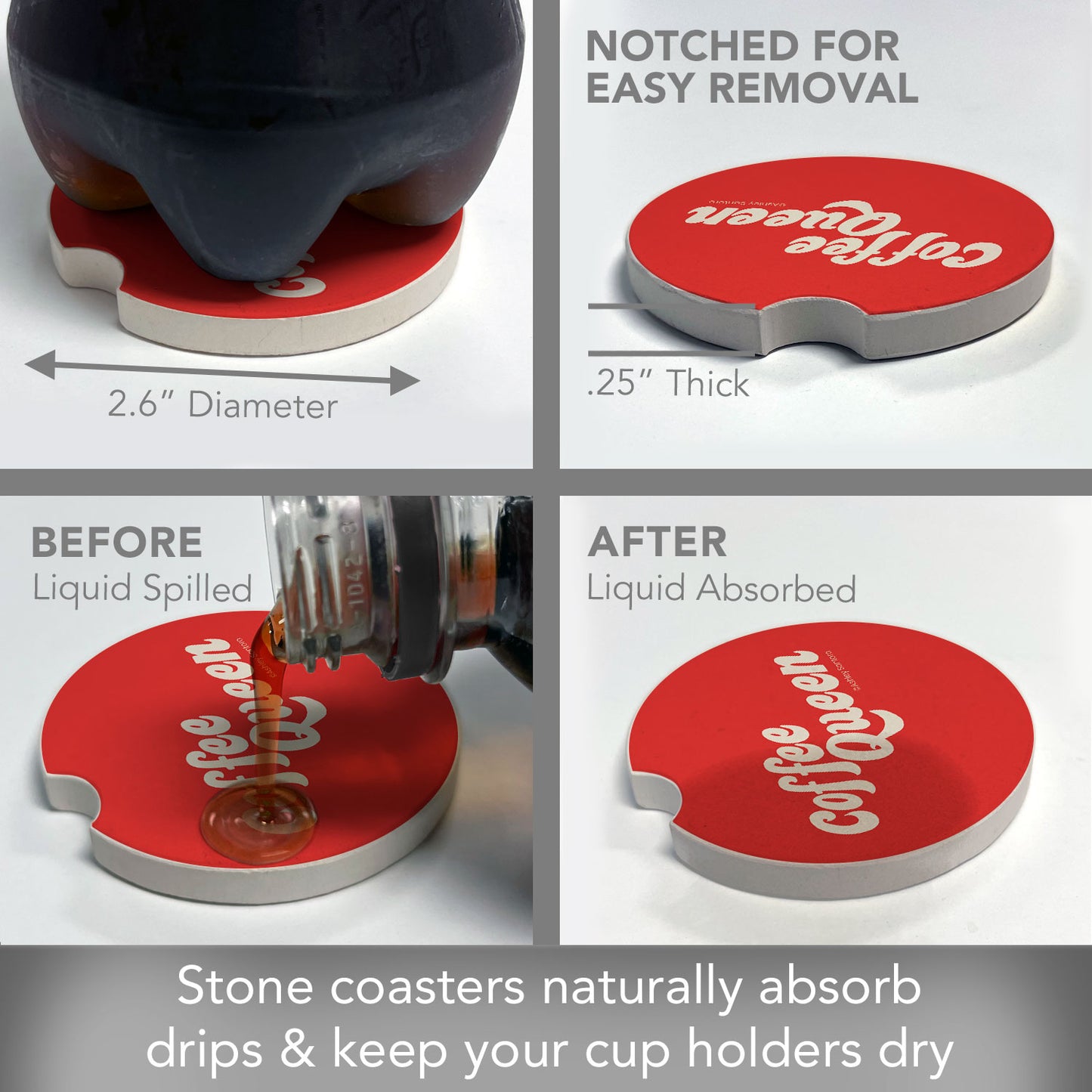 Coffee Queen 2 Pack Absorbent Stone Car Coasters 2.6" Manufactured in the USA