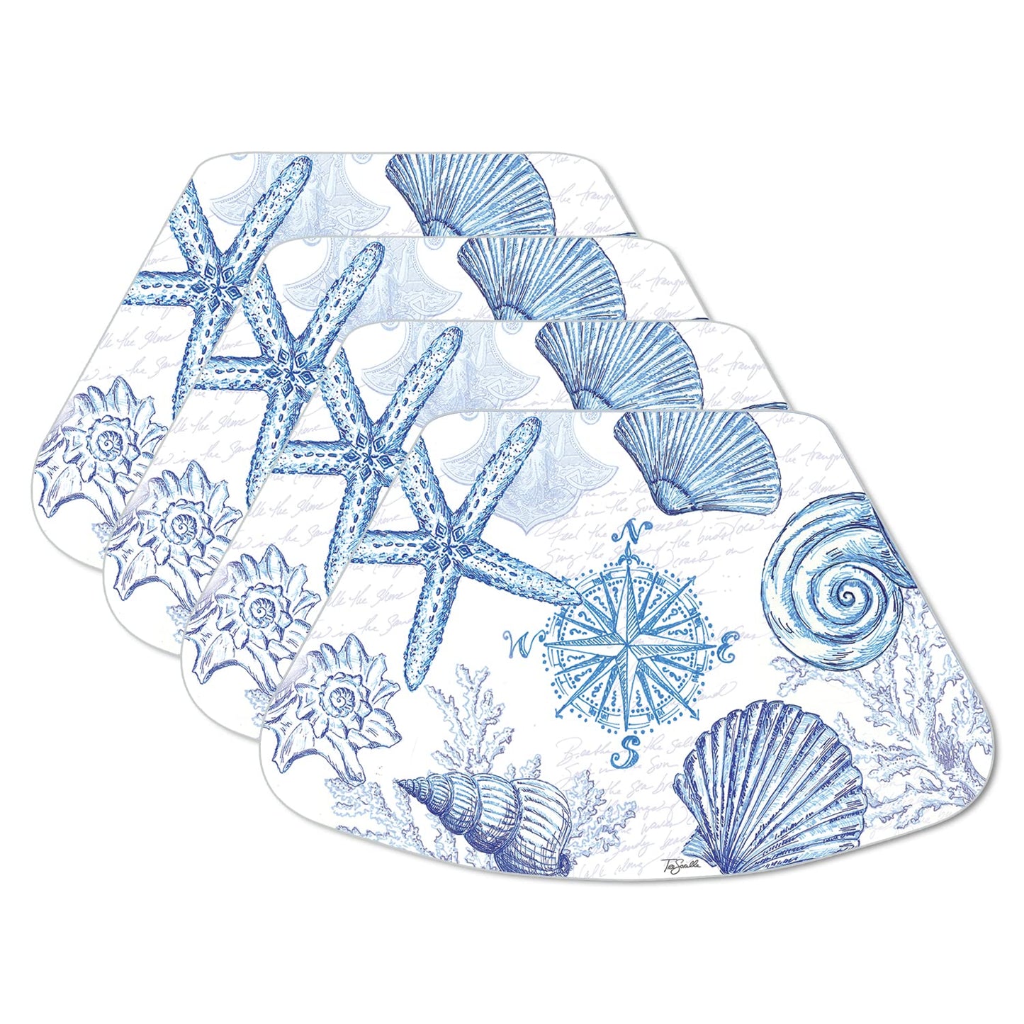 CounterArt Coastal Sketch 4 Pack Wedge Shaped Reversible Easy Care Placemats Made in the USA