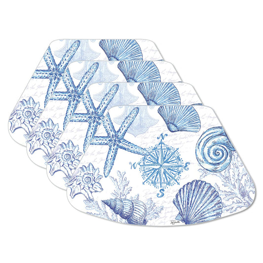 CounterArt Coastal Sketch 4 Pack Wedge Shaped Reversible Easy Care Placemats Made in the USA