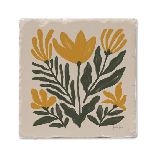 Thirstystone Yellow Petals Single Tumbled Tile Stone Coaster with Protective Cork Backing Manufactured in The USA 4" Square, Colorful, Artistiic, Easily Wipes Clean