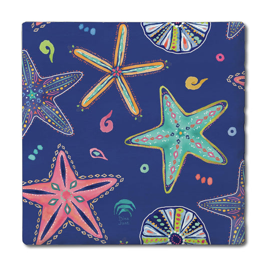 Thirstystone Starfish on Blue Single Tumbled Tile Stone Coaster with Protective Cork Backing Manufactured in The USA 4" Square, Colorful, Artistic, Easily Wipes Clean