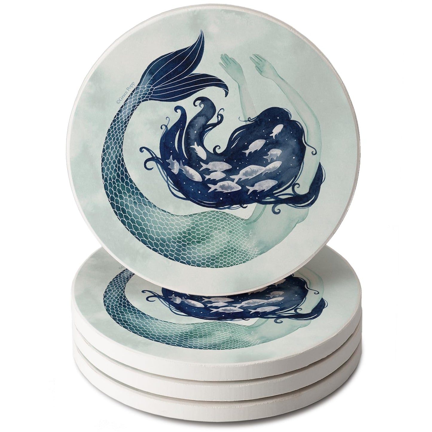 Thirstystone Mermaid Scales 4 Pack Round Absorbent Stone Coasters 4" Diameter Manufactured in the USA