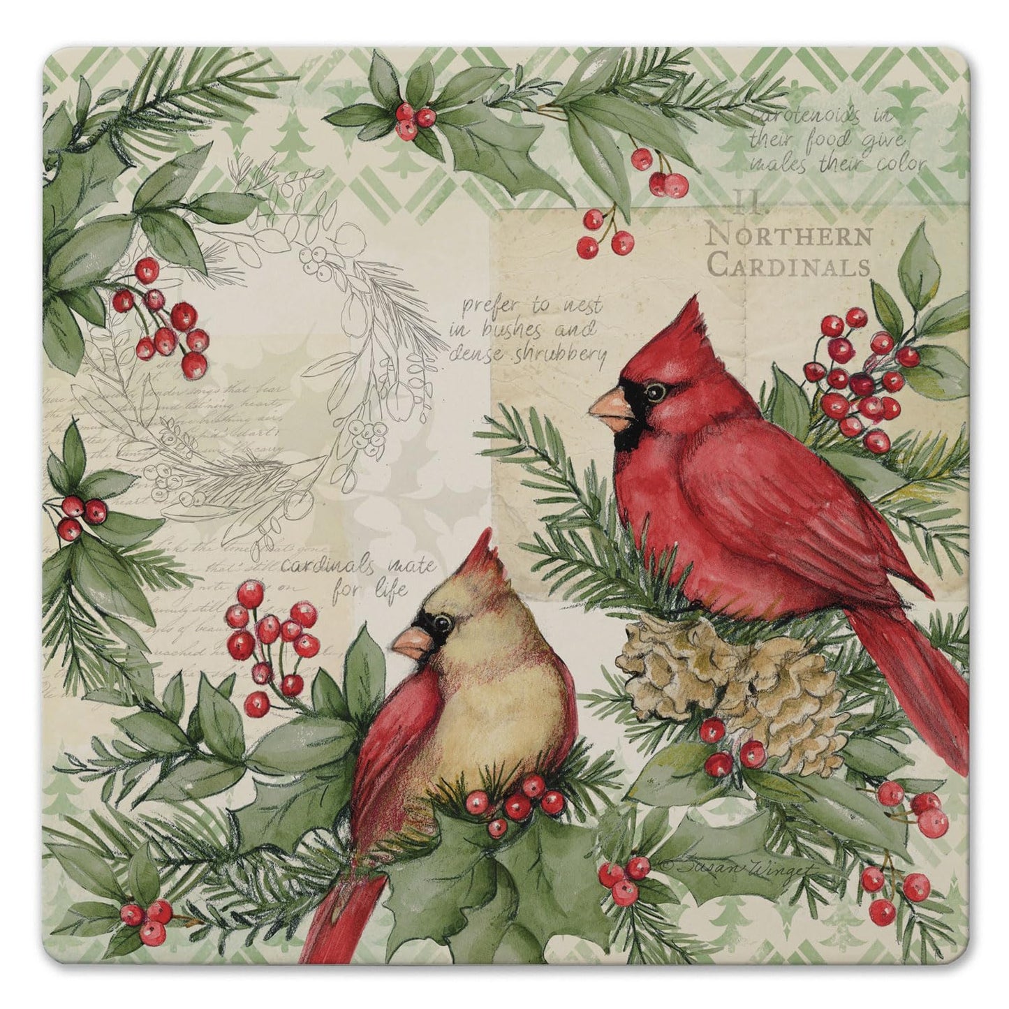 Thirstystone Holiday Cardinal Decorative Heat Tolerant Stone Trivet with Non-Skid Cork Backing 8”