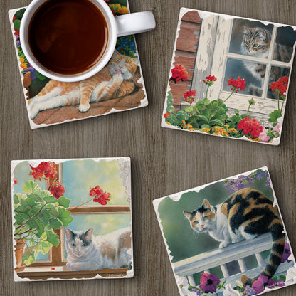 Thirstystone Cats Lazy Day 4-Pack Tumbled Tile Stone Coasters 4" Square