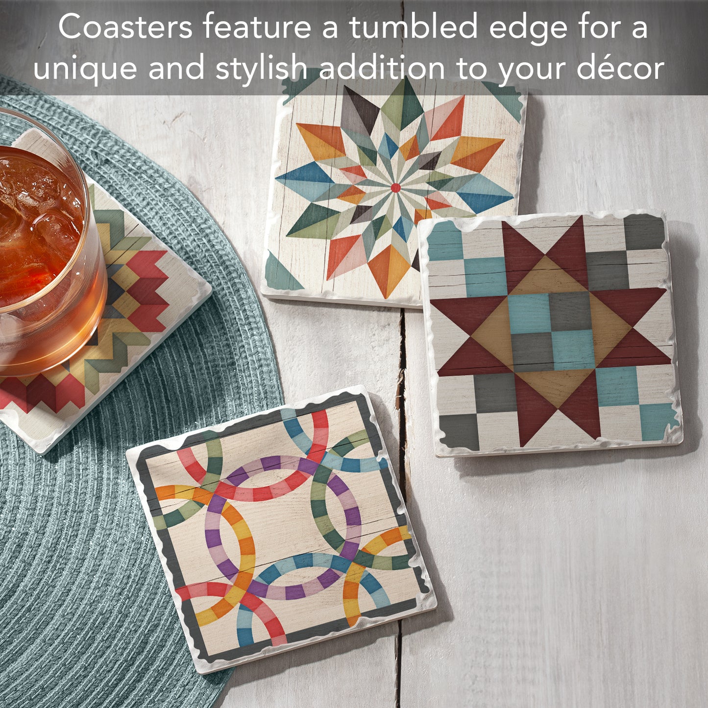 Thirstystone Barn Quilt Patterns 4-Pack Tumbled Tile Stone Coasters 4" Square